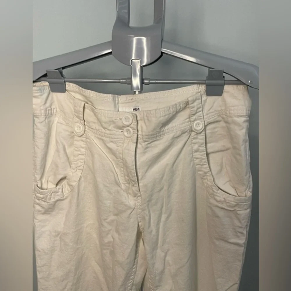 H&M Linen Blend Trousers Women 12 Cream Straight Leg Casual Summer Pants